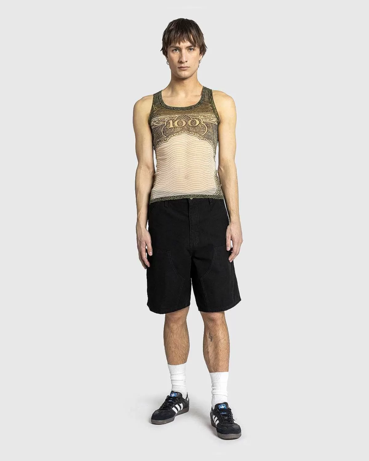 T-Shirts>Jean Paul Gaultier Mesh Tank Top Printet Cartouche Gron/Ecru/Sort/Orange