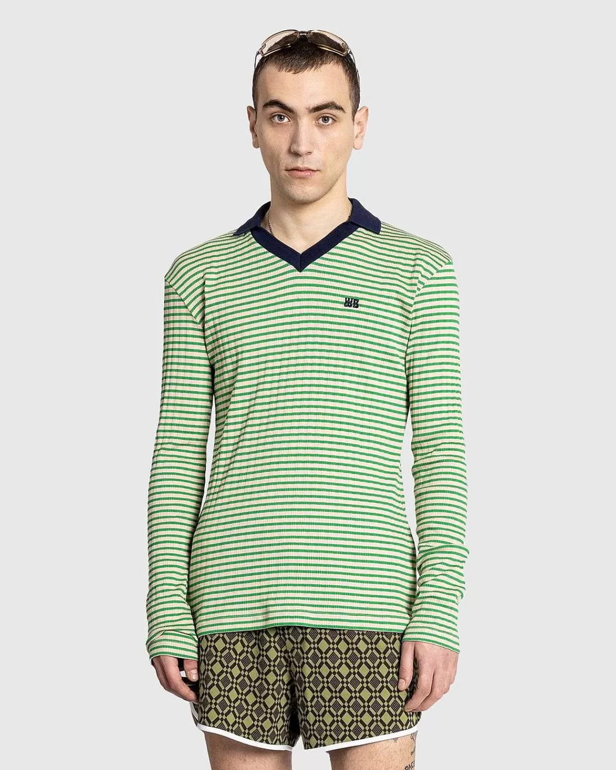 sonic_langaermet_polo_ivorygron_2.webp T-Shirts>Wales Bonner Sonic Langaermet Polo Ivory/Gron