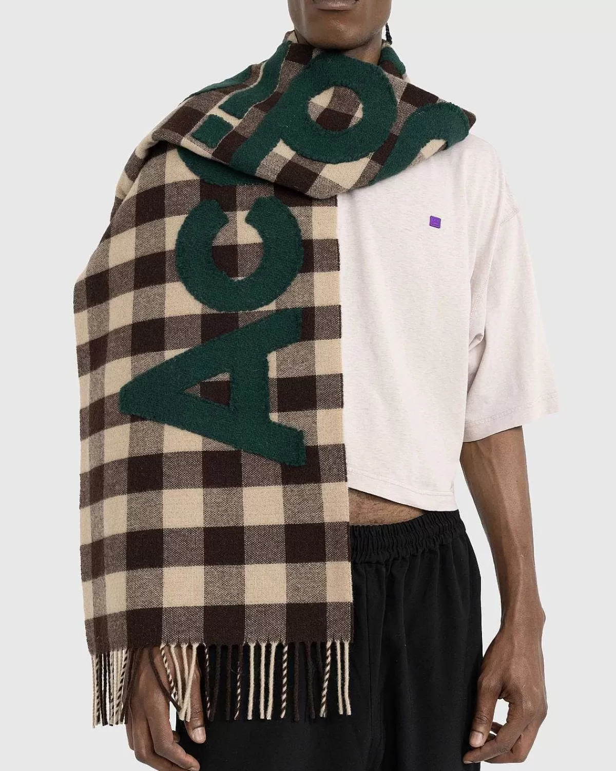 tjek_logo_torklaede_brungron_3.webp Vinter Tilbehør>Acne Studios Tjek Logo Torklaede Brun/Gron